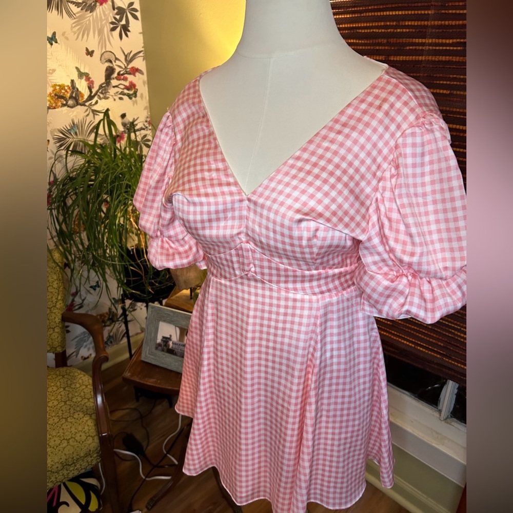 STATE Pink and White Puff Sleeve V-Neck Sundress